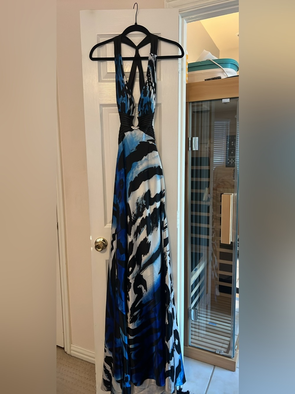 Cache Zebra Print Maxi Dress Size XS Blue Black Halter Rhinestone - Picture 6 of 6